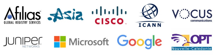 Afilias; Dot.Asia; Cisco; ICANN; Vocus communications; Juniper Networks; Microsoft; Google; OPT
